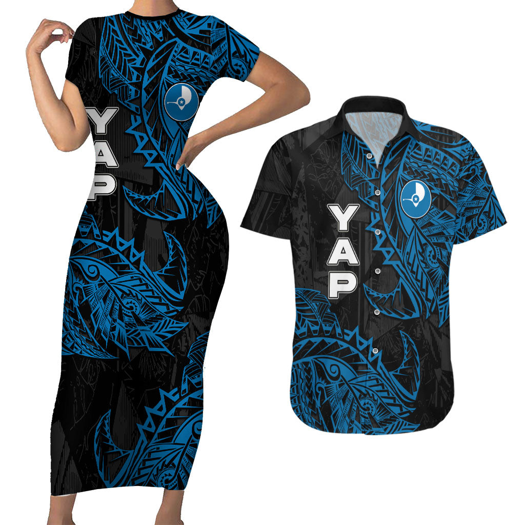 Yap Island Tribal Heritage Couples Matching Short Sleeve Bodycon Dress and Hawaiian Shirt Micronesian Polynesian Tattoo Pattern Blue Black Cultural Art TS04 Black Blue - Polynesian Pride