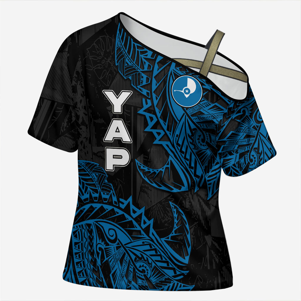 Yap Island Tribal Heritage Cross Shoulder Shirt Micronesian Polynesian Tattoo Pattern Blue Black Cultural Art TS04 Female Black Blue - Polynesian Pride