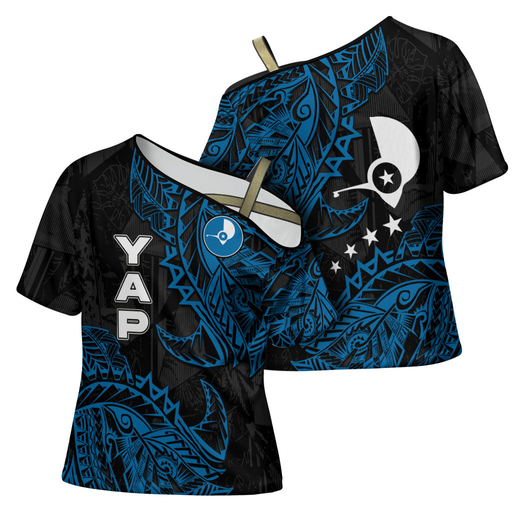 Yap Island Tribal Heritage Cross Shoulder Shirt Micronesian Polynesian Tattoo Pattern Blue Black Cultural Art TS04 - Polynesian Pride