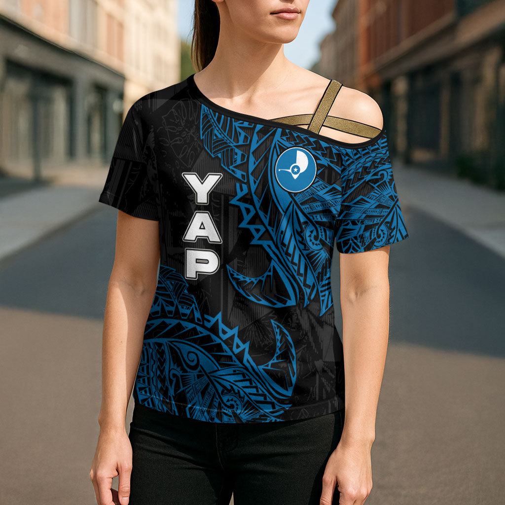 Yap Island Tribal Heritage Cross Shoulder Shirt Micronesian Polynesian Tattoo Pattern Blue Black Cultural Art TS04 - Polynesian Pride