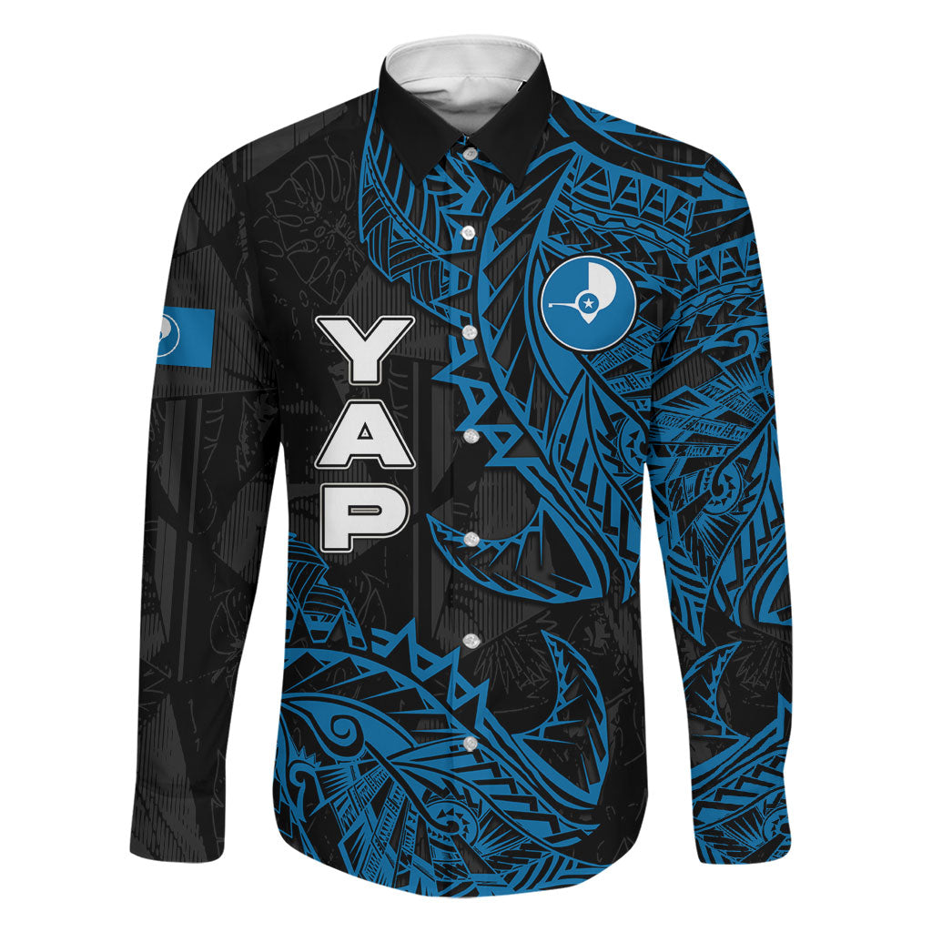 Yap Island Tribal Heritage Family Matching Long Sleeve Bodycon Dress and Hawaiian Shirt Micronesian Polynesian Tattoo Pattern Blue Black Cultural Art
