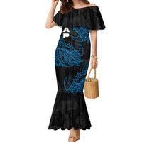 Yap Island Tribal Heritage Family Matching Mermaid Dress and Hawaiian Shirt Micronesian Polynesian Tattoo Pattern Blue Black Cultural Art