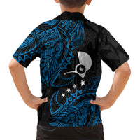 Yap Island Tribal Heritage Family Matching Off The Shoulder Long Sleeve Dress and Hawaiian Shirt Micronesian Polynesian Tattoo Pattern Blue Black Cultural Art