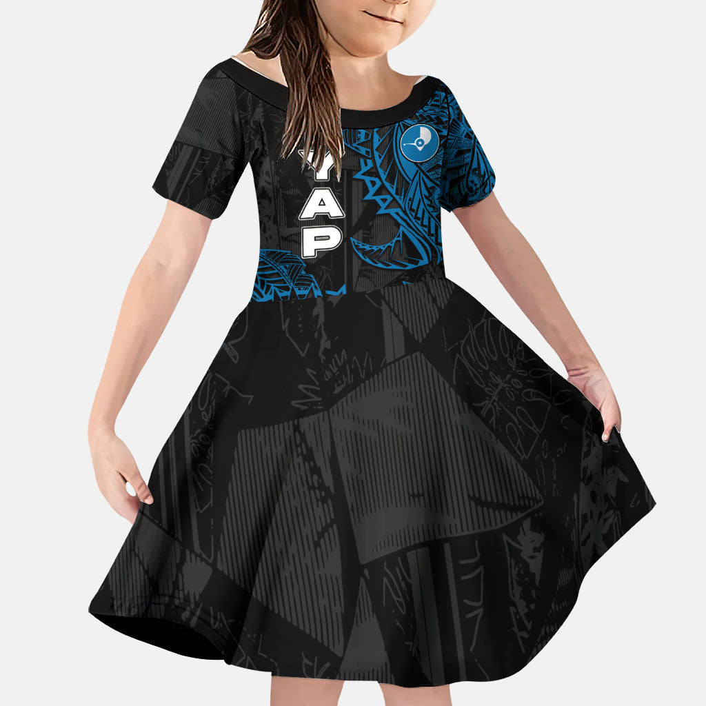 Yap Island Tribal Heritage Family Matching Off The Shoulder Long Sleeve Dress and Hawaiian Shirt Micronesian Polynesian Tattoo Pattern Blue Black Cultural Art