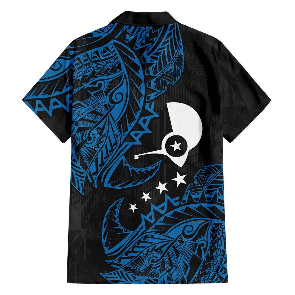 Yap Island Tribal Heritage Family Matching Off The Shoulder Long Sleeve Dress and Hawaiian Shirt Micronesian Polynesian Tattoo Pattern Blue Black Cultural Art