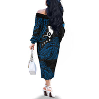 Yap Island Tribal Heritage Family Matching Off The Shoulder Long Sleeve Dress and Hawaiian Shirt Micronesian Polynesian Tattoo Pattern Blue Black Cultural Art