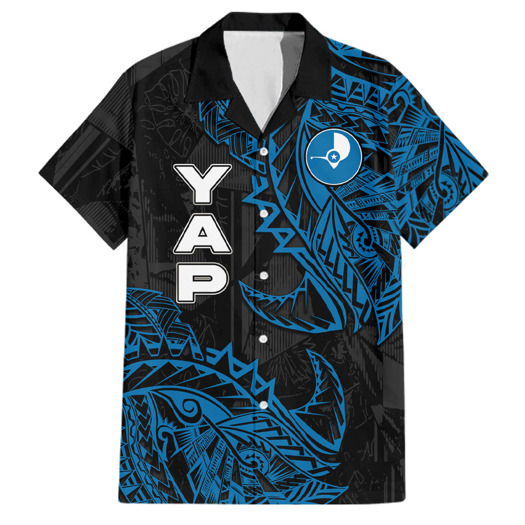 Yap Island Tribal Heritage Family Matching Off Shoulder Maxi Dress and Hawaiian Shirt Micronesian Polynesian Tattoo Pattern Blue Black Cultural Art TS04 Dad's Shirt - Short Sleeve Black Blue - Polynesian Pride