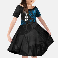 Yap Island Tribal Heritage Family Matching Off Shoulder Short Dress and Hawaiian Shirt Micronesian Polynesian Tattoo Pattern Blue Black Cultural Art TS04 Daughter's Dress Black Blue - Polynesian Pride
