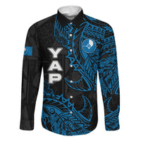 Yap Island Tribal Heritage Family Matching Off Shoulder Short Dress and Hawaiian Shirt Micronesian Polynesian Tattoo Pattern Blue Black Cultural Art TS04 Dad's Shirt - Long Sleeve Black Blue - Polynesian Pride