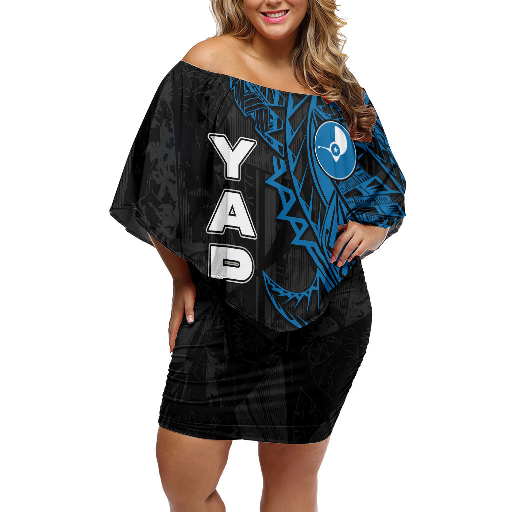 Yap Island Tribal Heritage Family Matching Off Shoulder Short Dress and Hawaiian Shirt Micronesian Polynesian Tattoo Pattern Blue Black Cultural Art TS04 Mom's Dress Black Blue - Polynesian Pride