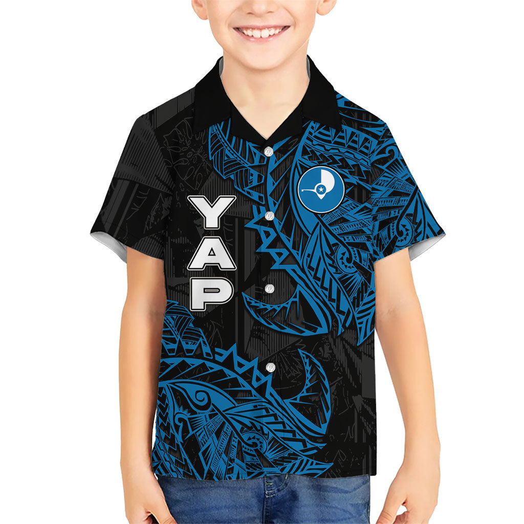 Yap Island Tribal Heritage Family Matching Summer Maxi Dress and Hawaiian Shirt Micronesian Polynesian Tattoo Pattern Blue Black Cultural Art TS04 Son's Shirt Black Blue - Polynesian Pride