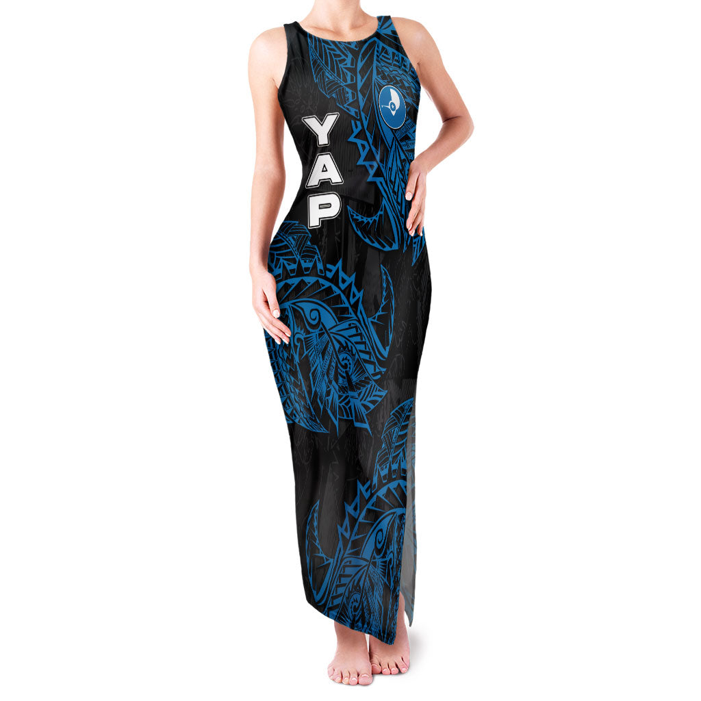 Yap Island Tribal Heritage Family Matching Tank Maxi Dress and Hawaiian Shirt Micronesian Polynesian Tattoo Pattern Blue Black Cultural Art TS04 Mom's Dress Black Blue - Polynesian Pride