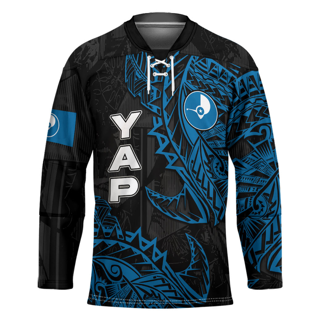 Yap Island Tribal Heritage Hockey Jersey Micronesian Polynesian Tattoo Pattern Blue Black Cultural Art TS04 Unisex Black Blue - Polynesian Pride