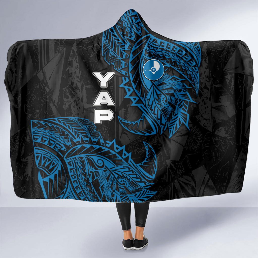 Yap Island Tribal Heritage Hooded Blanket Micronesian Polynesian Tattoo Pattern Blue Black Cultural Art TS04 One Size Black Blue - Polynesian Pride