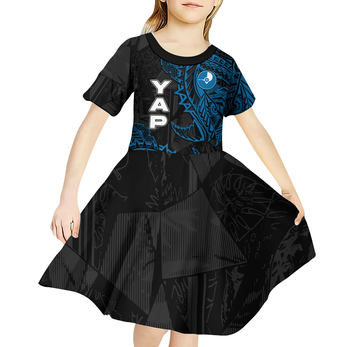 Yap Island Tribal Heritage Kid Short Sleeve Dress Micronesian Polynesian Tattoo Pattern Blue Black Cultural Art TS04 - Polynesian Pride