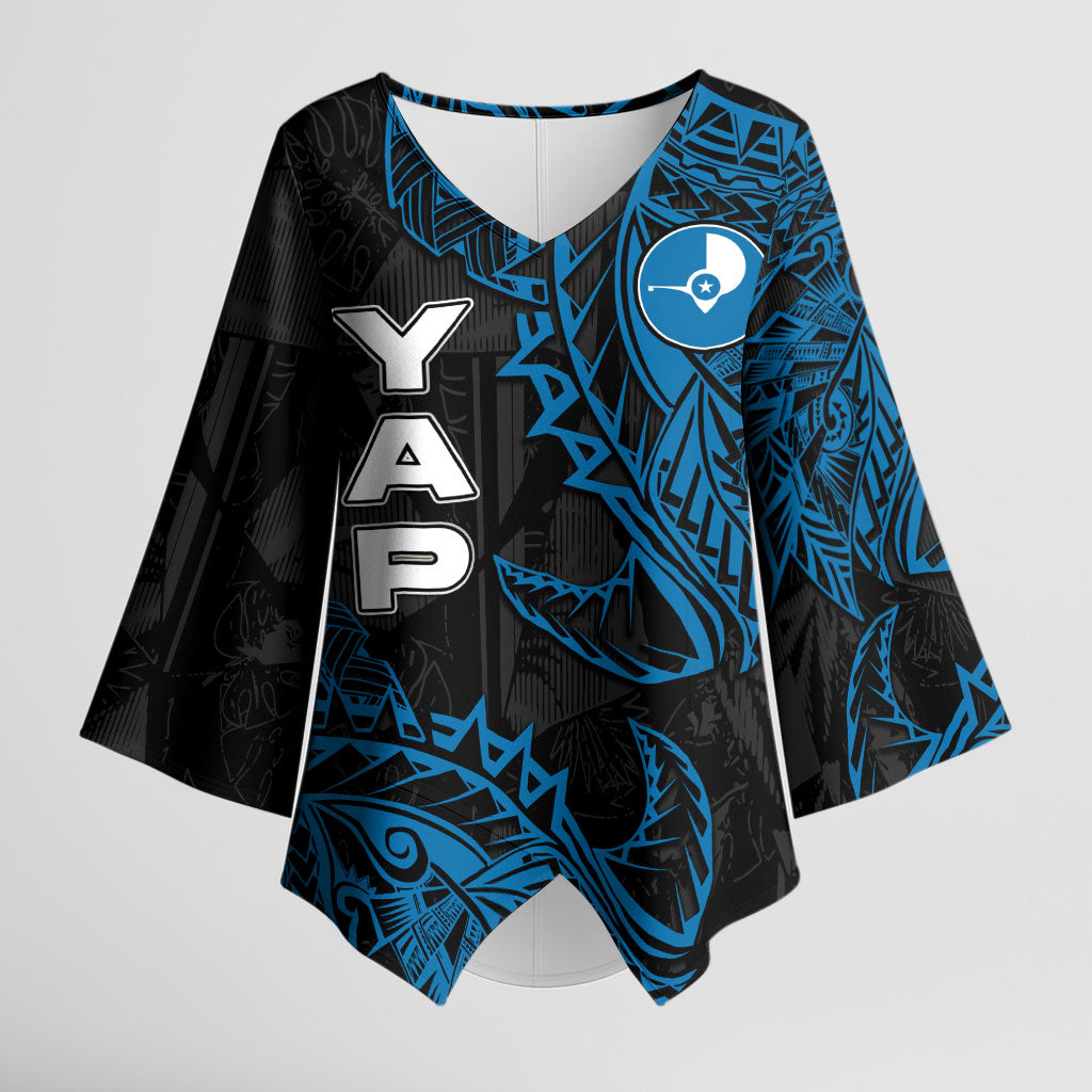 Yap Island Tribal Heritage Kimono Sleeve Blouse Micronesian Polynesian Tattoo Pattern Blue Black Cultural Art TS04 Female Black Blue - Polynesian Pride