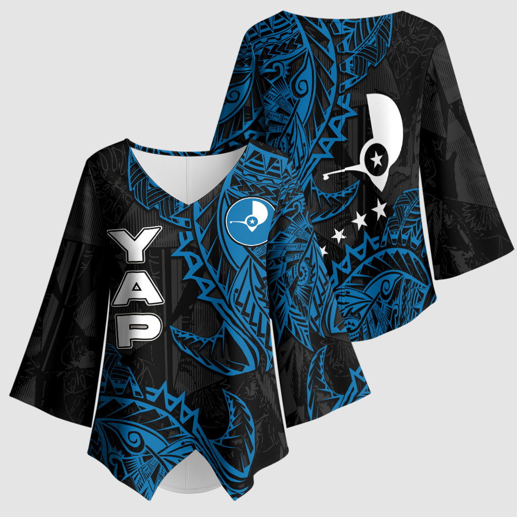 Yap Island Tribal Heritage Kimono Sleeve Blouse Micronesian Polynesian Tattoo Pattern Blue Black Cultural Art TS04 - Polynesian Pride