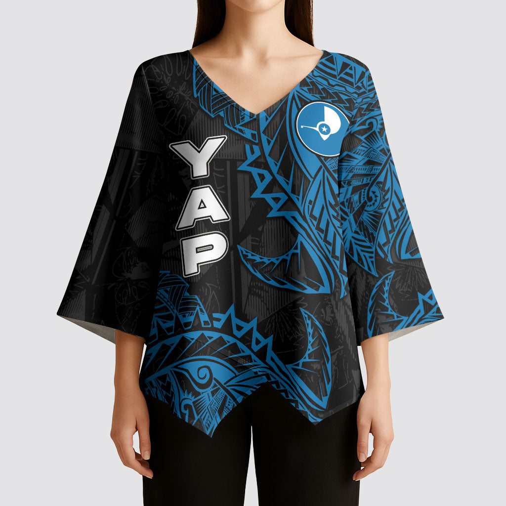 Yap Island Tribal Heritage Kimono Sleeve Blouse Micronesian Polynesian Tattoo Pattern Blue Black Cultural Art TS04 - Polynesian Pride
