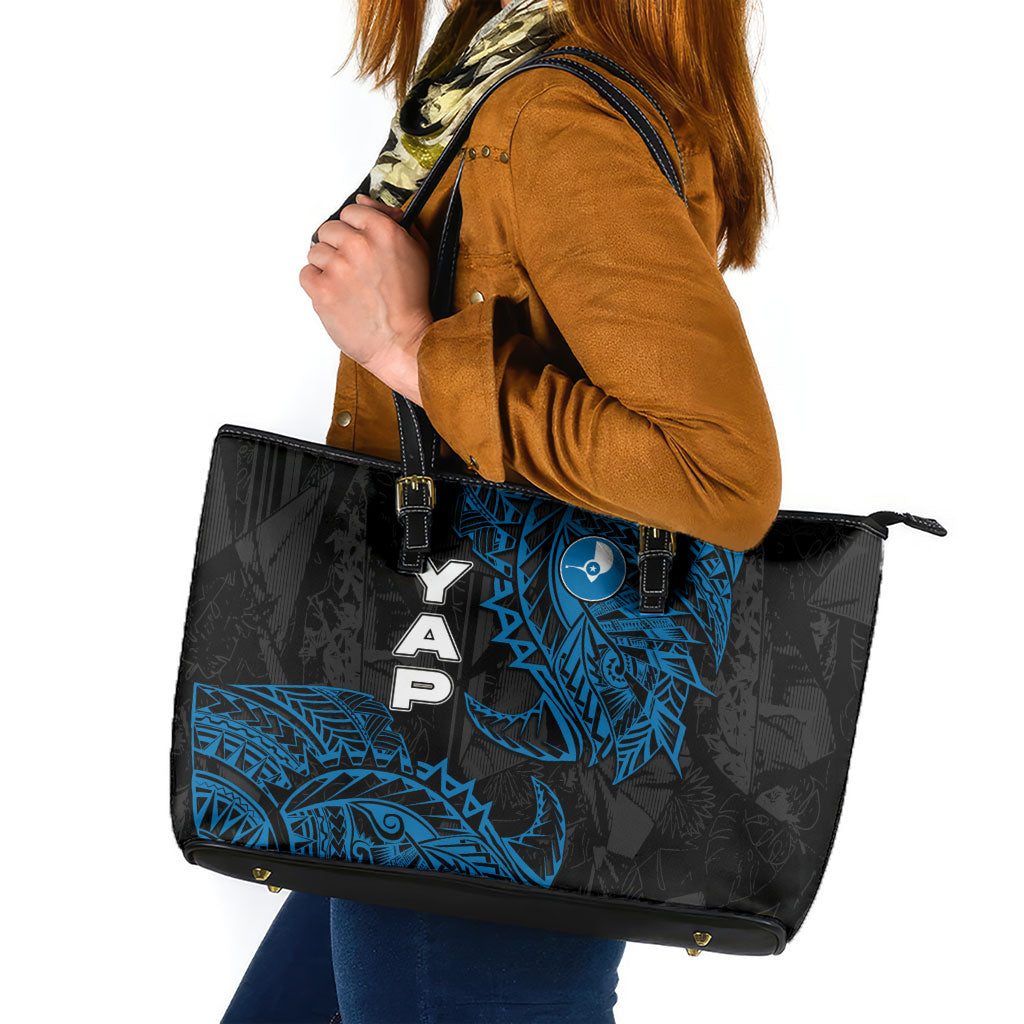 Yap Island Tribal Heritage Leather Tote Bag Micronesian Polynesian Tattoo Pattern Blue Black Cultural Art TS04 Black Blue - Polynesian Pride