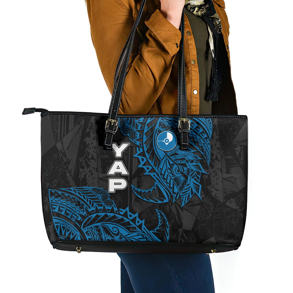 Yap Island Tribal Heritage Leather Tote Bag Micronesian Polynesian Tattoo Pattern Blue Black Cultural Art TS04 - Polynesian Pride