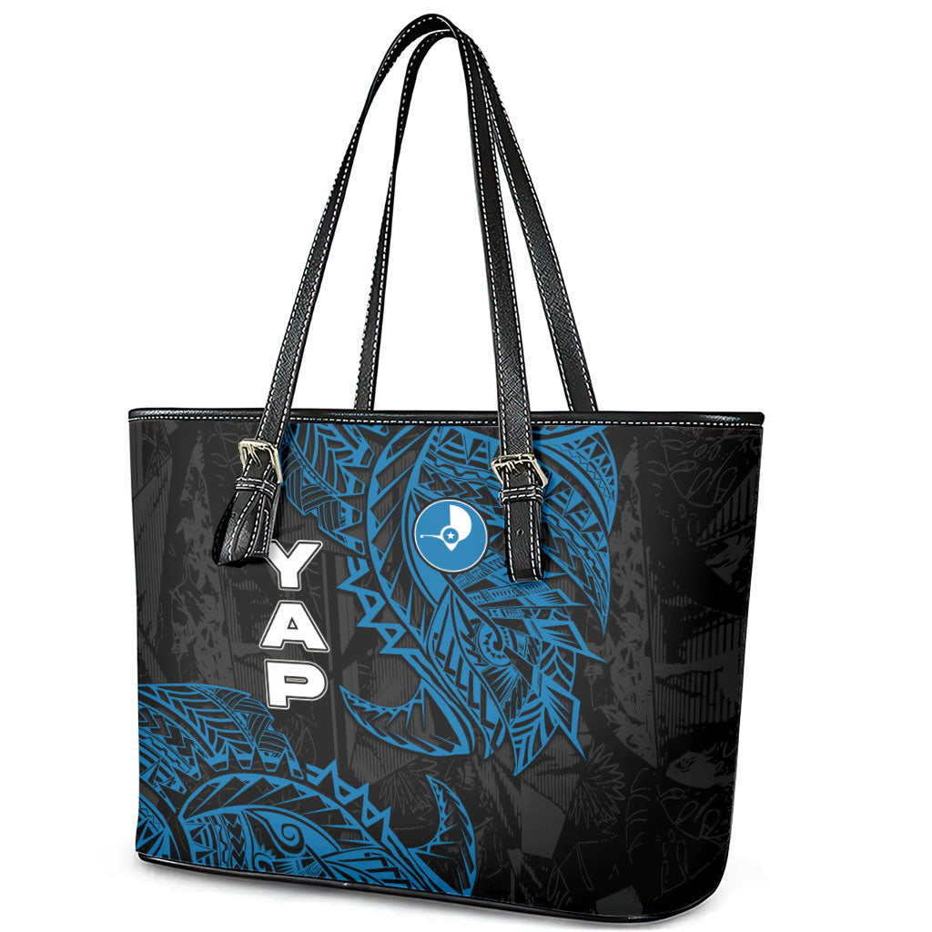 Yap Island Tribal Heritage Leather Tote Bag Micronesian Polynesian Tattoo Pattern Blue Black Cultural Art TS04 - Polynesian Pride