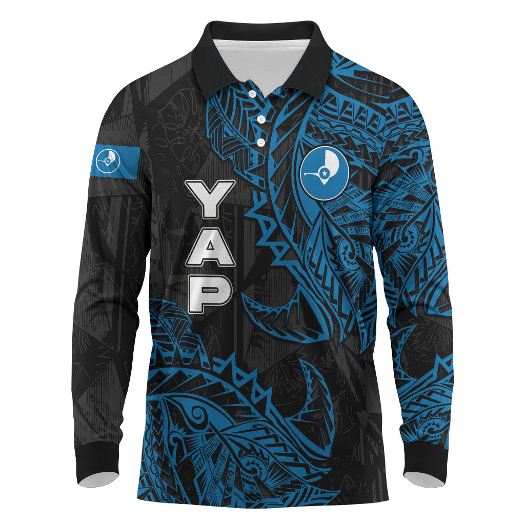 Yap Island Tribal Heritage Long Sleeve Polo Shirt Micronesian Polynesian Tattoo Pattern Blue Black Cultural Art TS04 Black Blue - Polynesian Pride