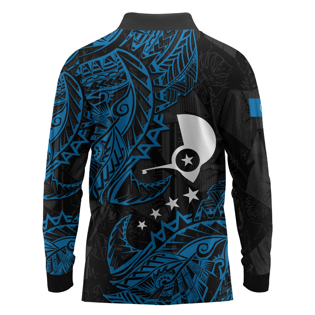 Yap Island Tribal Heritage Long Sleeve Polo Shirt Micronesian Polynesian Tattoo Pattern Blue Black Cultural Art TS04 - Polynesian Pride