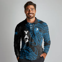 Yap Island Tribal Heritage Long Sleeve Polo Shirt Micronesian Polynesian Tattoo Pattern Blue Black Cultural Art TS04 - Polynesian Pride
