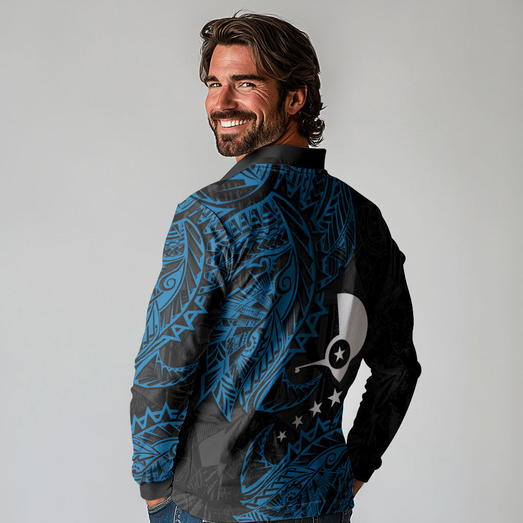 Yap Island Tribal Heritage Long Sleeve Polo Shirt Micronesian Polynesian Tattoo Pattern Blue Black Cultural Art TS04 - Polynesian Pride