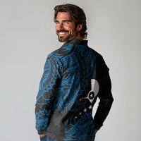 Yap Island Tribal Heritage Long Sleeve Polo Shirt Micronesian Polynesian Tattoo Pattern Blue Black Cultural Art TS04 - Polynesian Pride
