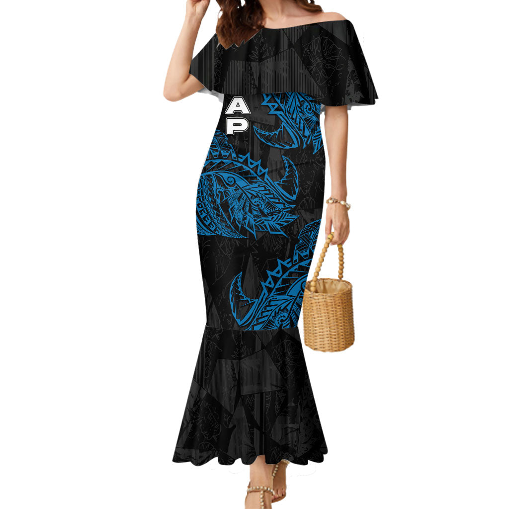 Yap Island Tribal Heritage Mermaid Dress Micronesian Polynesian Tattoo Pattern Blue Black Cultural Art TS04 Women Black Blue - Polynesian Pride