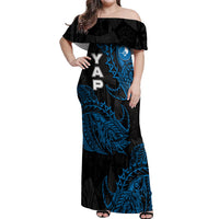 Yap Island Tribal Heritage Off Shoulder Maxi Dress Micronesian Polynesian Tattoo Pattern Blue Black Cultural Art TS04 Women Black Blue - Polynesian Pride