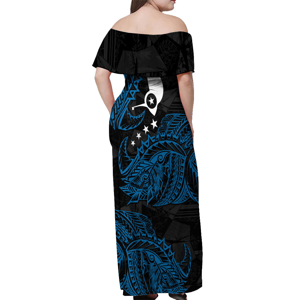 Yap Island Tribal Heritage Off Shoulder Maxi Dress Micronesian Polynesian Tattoo Pattern Blue Black Cultural Art TS04 - Polynesian Pride