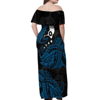 Yap Island Tribal Heritage Off Shoulder Maxi Dress Micronesian Polynesian Tattoo Pattern Blue Black Cultural Art TS04 - Polynesian Pride