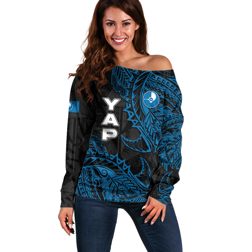 Yap Island Tribal Heritage Off Shoulder Sweater Micronesian Polynesian Tattoo Pattern Blue Black Cultural Art TS04 Women Black Blue - Polynesian Pride