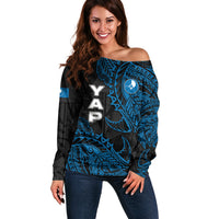 Yap Island Tribal Heritage Off Shoulder Sweater Micronesian Polynesian Tattoo Pattern Blue Black Cultural Art TS04 Women Black Blue - Polynesian Pride