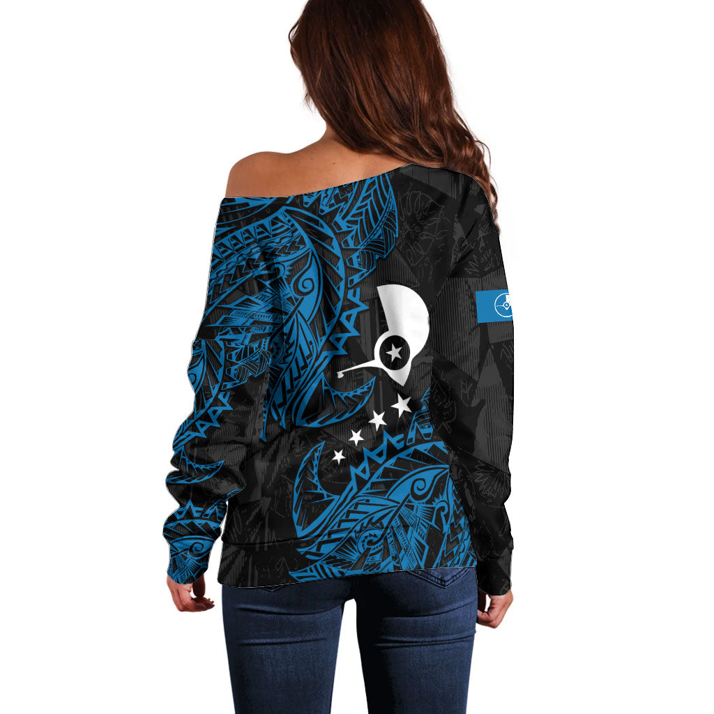 Yap Island Tribal Heritage Off Shoulder Sweater Micronesian Polynesian Tattoo Pattern Blue Black Cultural Art TS04 - Polynesian Pride