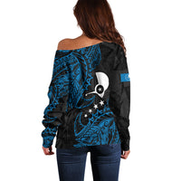 Yap Island Tribal Heritage Off Shoulder Sweater Micronesian Polynesian Tattoo Pattern Blue Black Cultural Art TS04 - Polynesian Pride