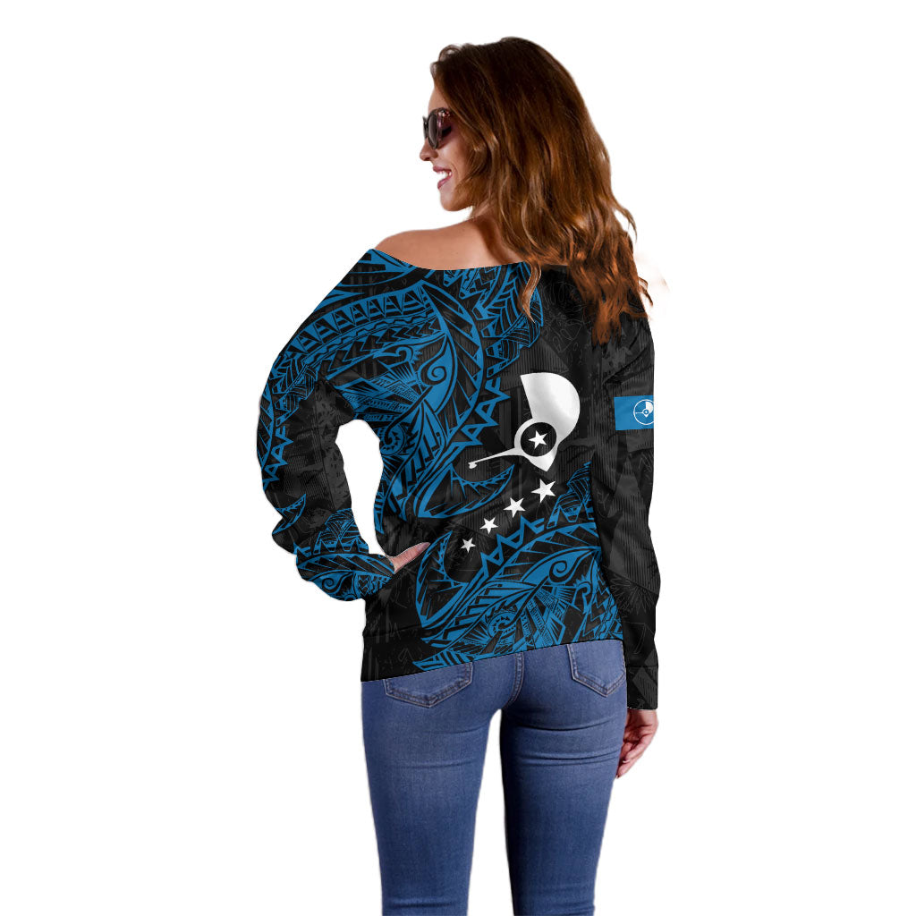 Yap Island Tribal Heritage Off Shoulder Sweater Micronesian Polynesian Tattoo Pattern Blue Black Cultural Art TS04 - Polynesian Pride