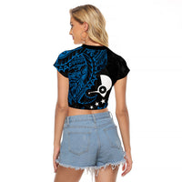 Yap Island Tribal Heritage Raglan Cropped T Shirt Micronesian Polynesian Tattoo Pattern Blue Black Cultural Art TS04 - Polynesian Pride