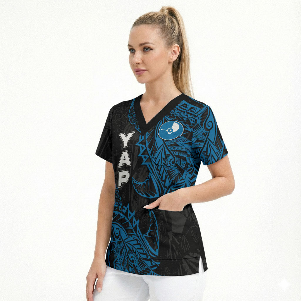 Yap Island Tribal Heritage Scrub Top Micronesian Polynesian Tattoo Pattern Blue Black Cultural Art TS04 - Polynesian Pride