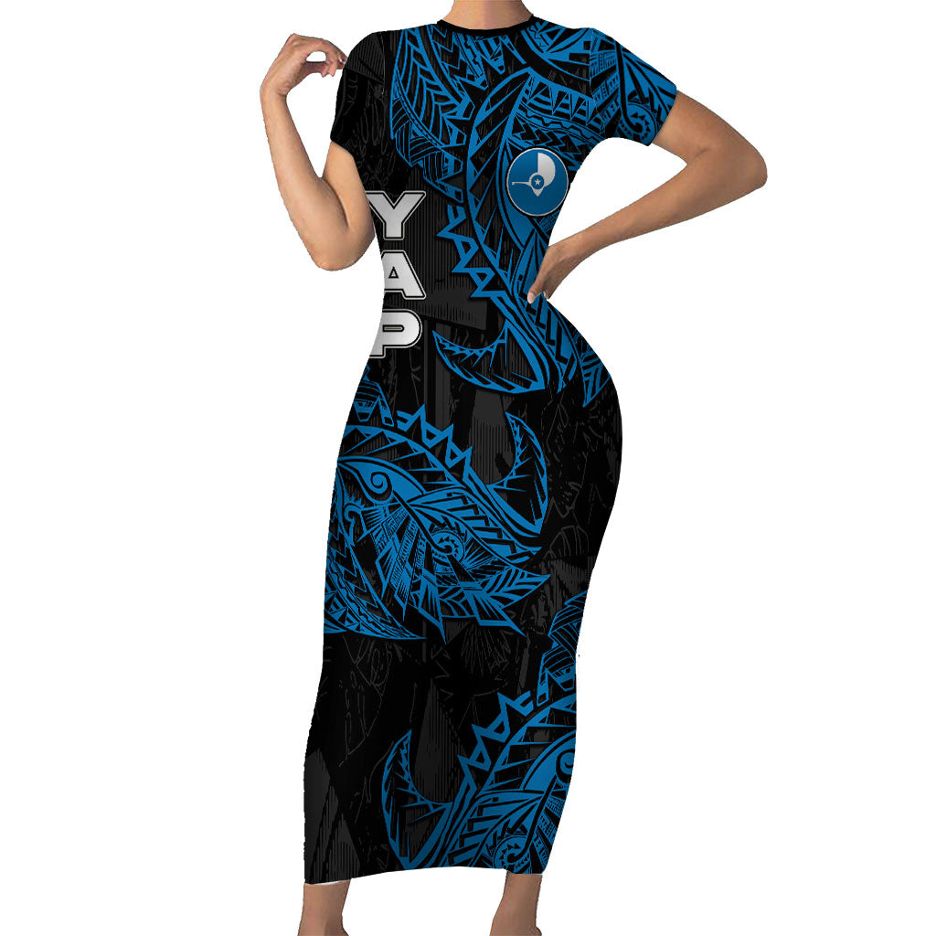 Yap Island Tribal Heritage Short Sleeve Bodycon Dress Micronesian Polynesian Tattoo Pattern Blue Black Cultural Art TS04 Long Dress Black Blue - Polynesian Pride
