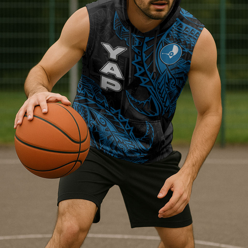 Yap Island Tribal Heritage Sleeveless Hoodie Micronesian Polynesian Tattoo Pattern Blue Black Cultural Art TS04 - Polynesian Pride