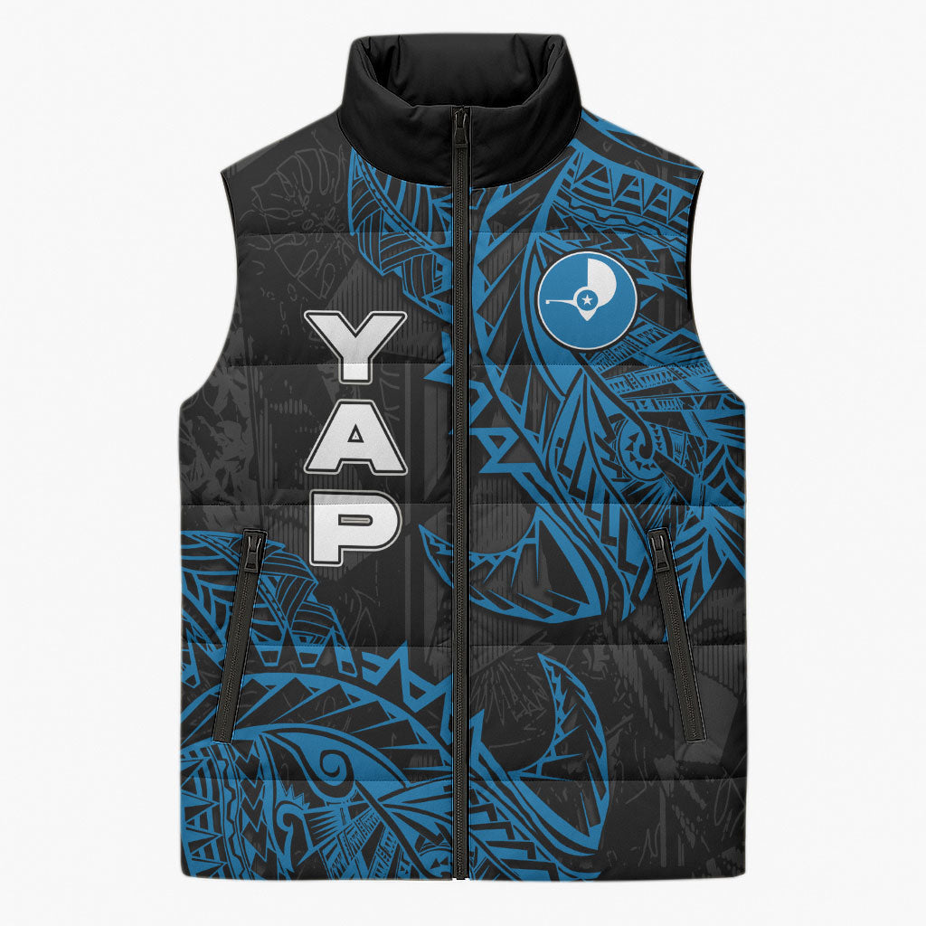 Yap Island Tribal Heritage Sleeveless Puffer Jacket Micronesian Polynesian Tattoo Pattern Blue Black Cultural Art TS04 Unisex Black Blue - Polynesian Pride