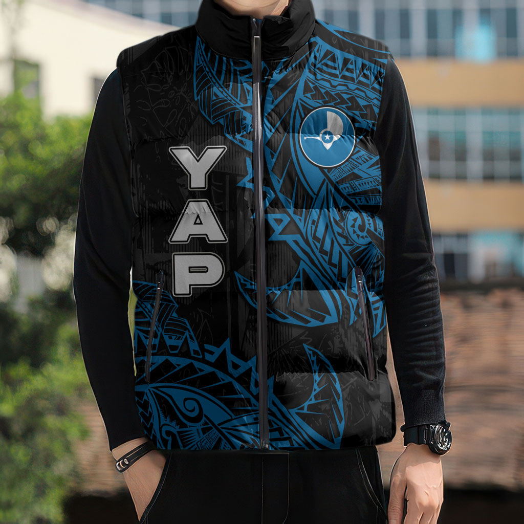 Yap Island Tribal Heritage Sleeveless Puffer Jacket Micronesian Polynesian Tattoo Pattern Blue Black Cultural Art TS04 - Polynesian Pride