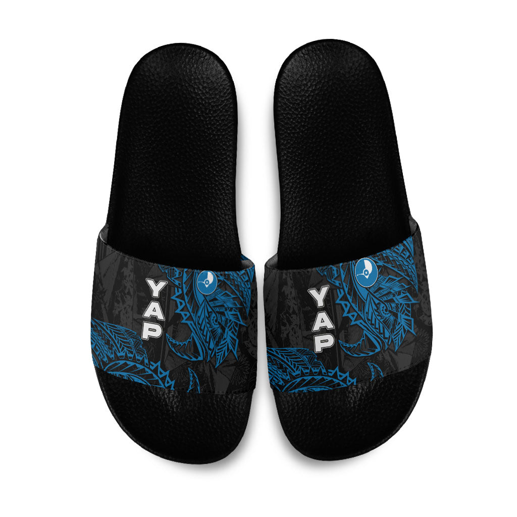 Yap Island Tribal Heritage Slide Sandals Micronesian Polynesian Tattoo Pattern Blue Black Cultural Art TS04 Black Blue - Polynesian Pride