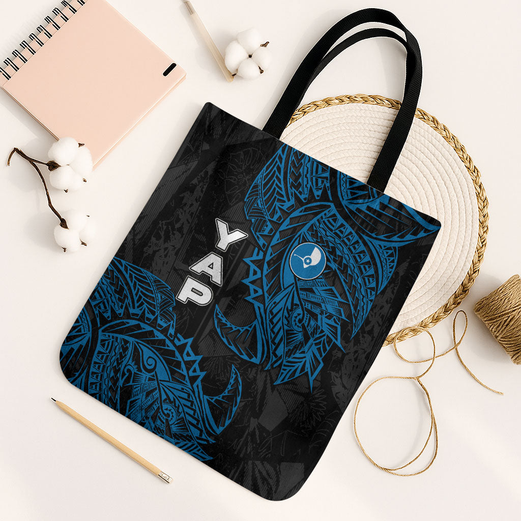 Yap Island Tribal Heritage Tote Bag Micronesian Polynesian Tattoo Pattern Blue Black Cultural Art TS04 Black Strap One Size Black Blue - Polynesian Pride
