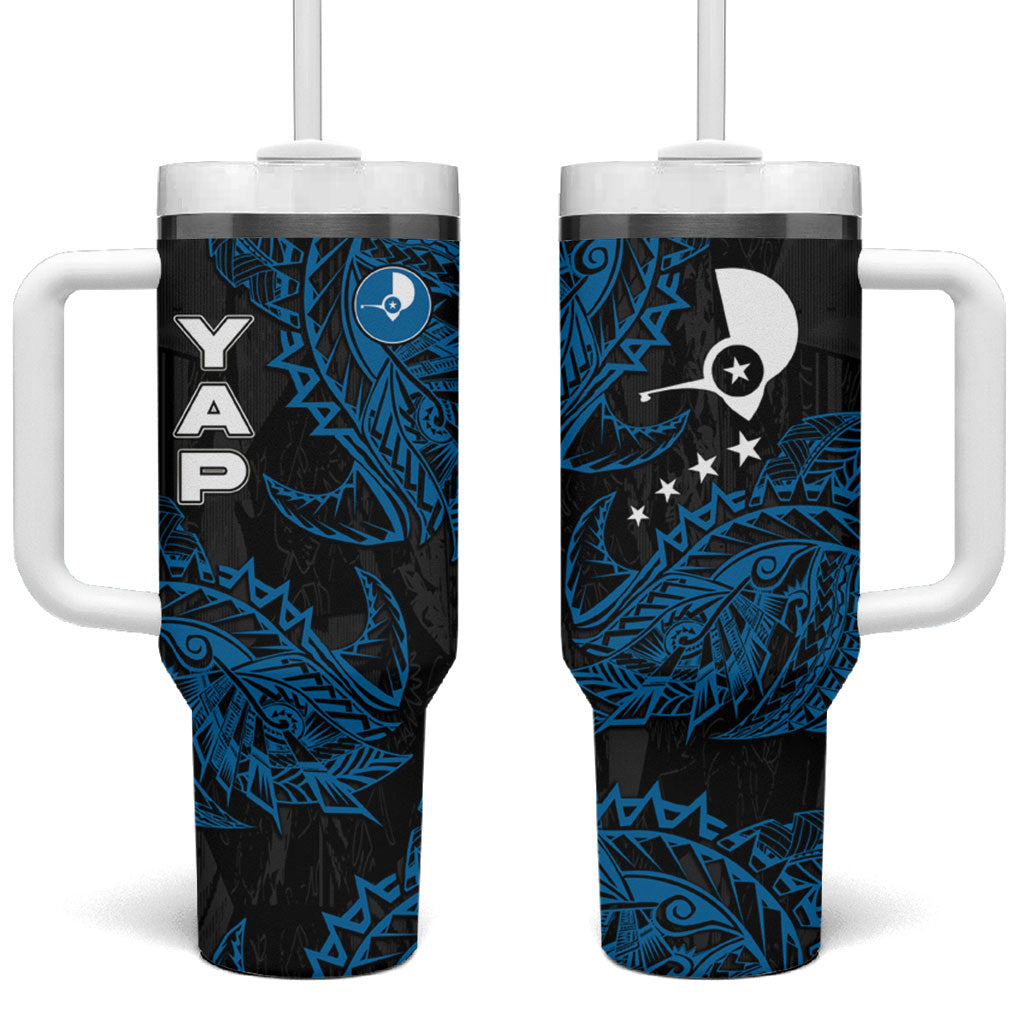 Yap Island Tribal Heritage Tumbler With Handle Micronesian Polynesian Tattoo Pattern Blue Black Cultural Art TS04 One Size: 40 oz Black Blue - Polynesian Pride