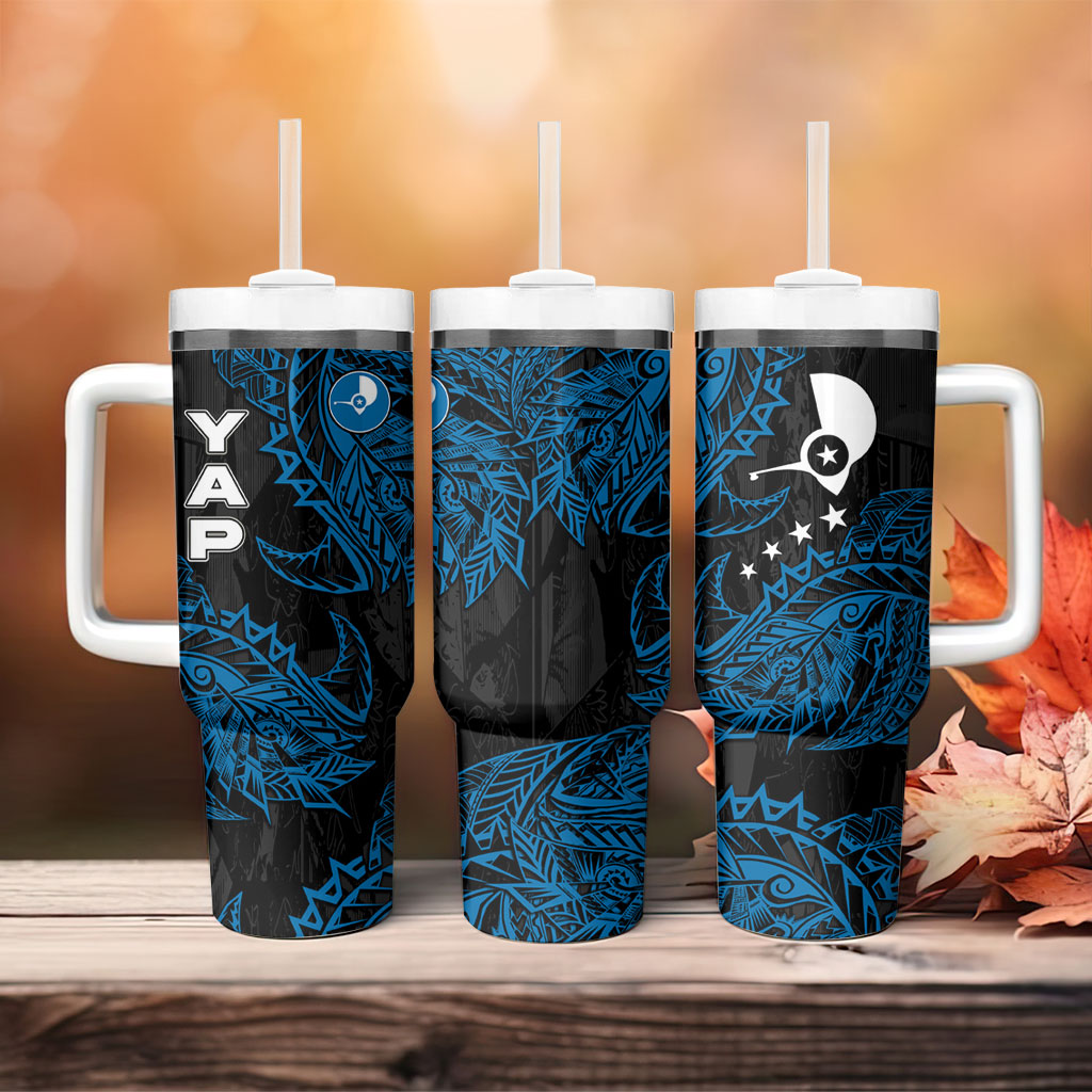 Yap Island Tribal Heritage Tumbler With Handle Micronesian Polynesian Tattoo Pattern Blue Black Cultural Art TS04 - Polynesian Pride