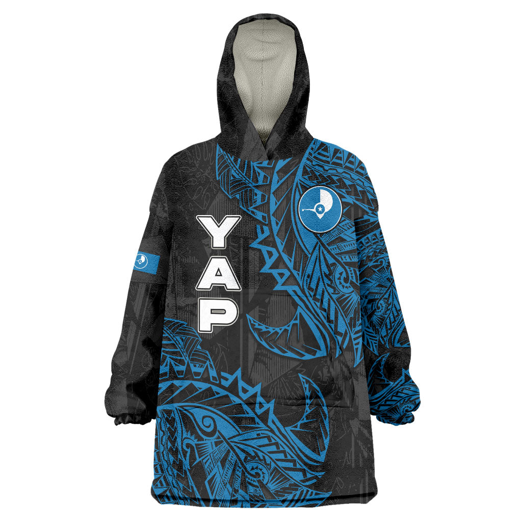 Yap Island Tribal Heritage Wearable Blanket Hoodie Micronesian Polynesian Tattoo Pattern Blue Black Cultural Art TS04 One Size Black Blue - Polynesian Pride